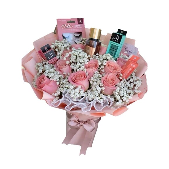Pink Makeup Bouquet Gift6 Beauty Items & RosesGirly Gift for Her
